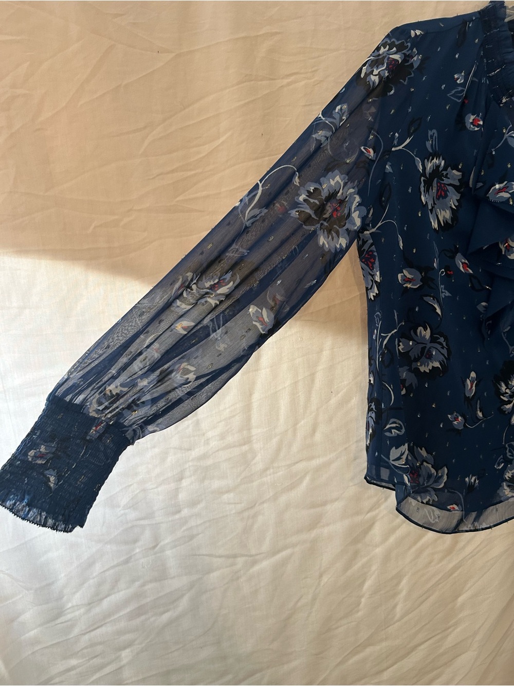 WHBM Blue Ruffle Neck Blouse with Sheer Sleeves - Picture 12 of 17